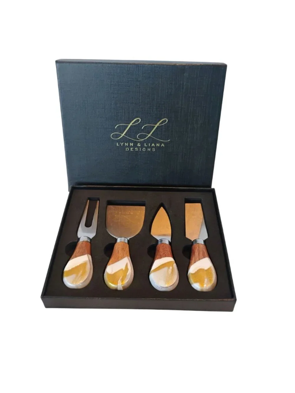 Lynn & Liana Designs Cheese Knife Set Wood Resin Handle Gold Glitter- NEW in Box